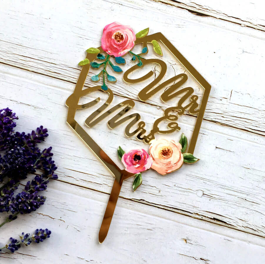 Gold Mirror Acrylic 'Mr & Mrs' Floral Geometric Hexagon Wedding Cake Topper