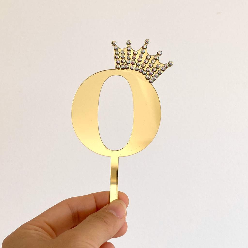 Acrylic Gold Mirror Number 0 Rhinestone Crown Cake Topper - Birthday Party Cake Decorations