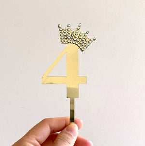 Gold Mirror Acrylic Number 4 Rhinestone Crown Cake Topper