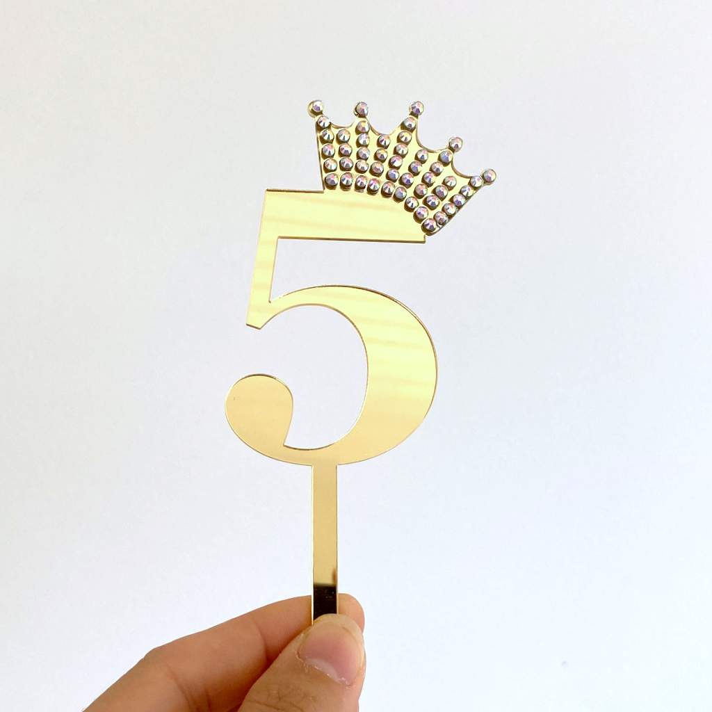 Gold Mirror Acrylic Number 5 Rhinestone Crown Cake Topper