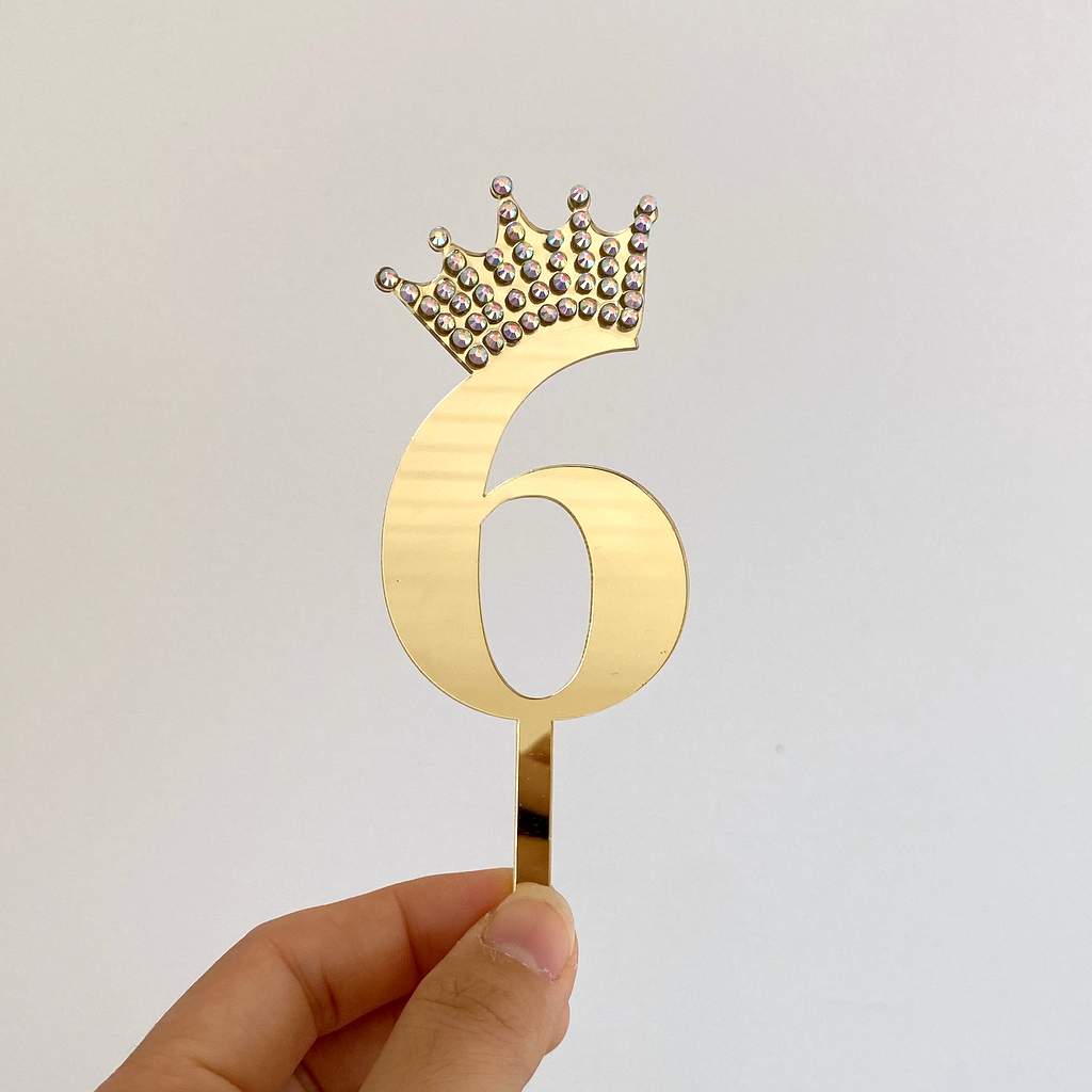 Gold Mirror Acrylic Number 6 Rhinestone Crown Cake Topper