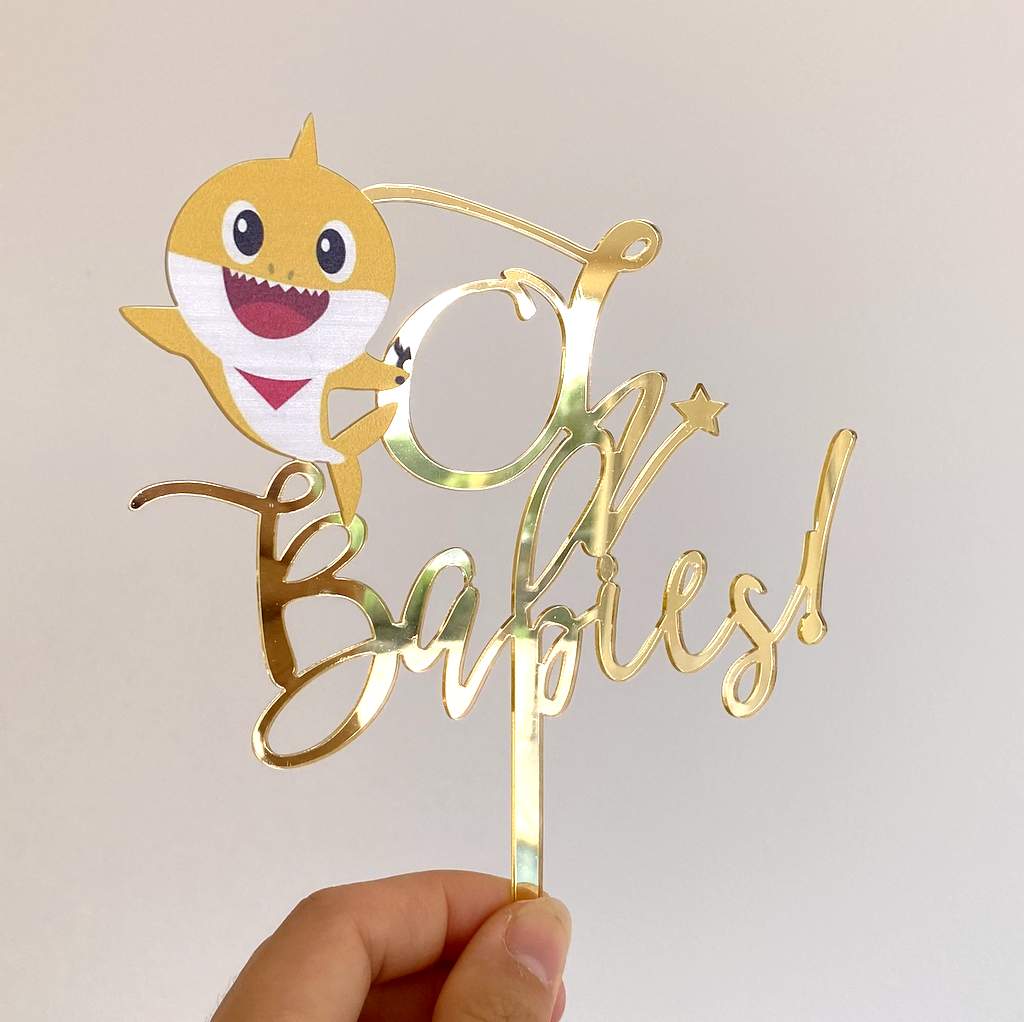 Gold Mirror Acrylic Oh Babies Baby Shark Baby Shower Cake Topper