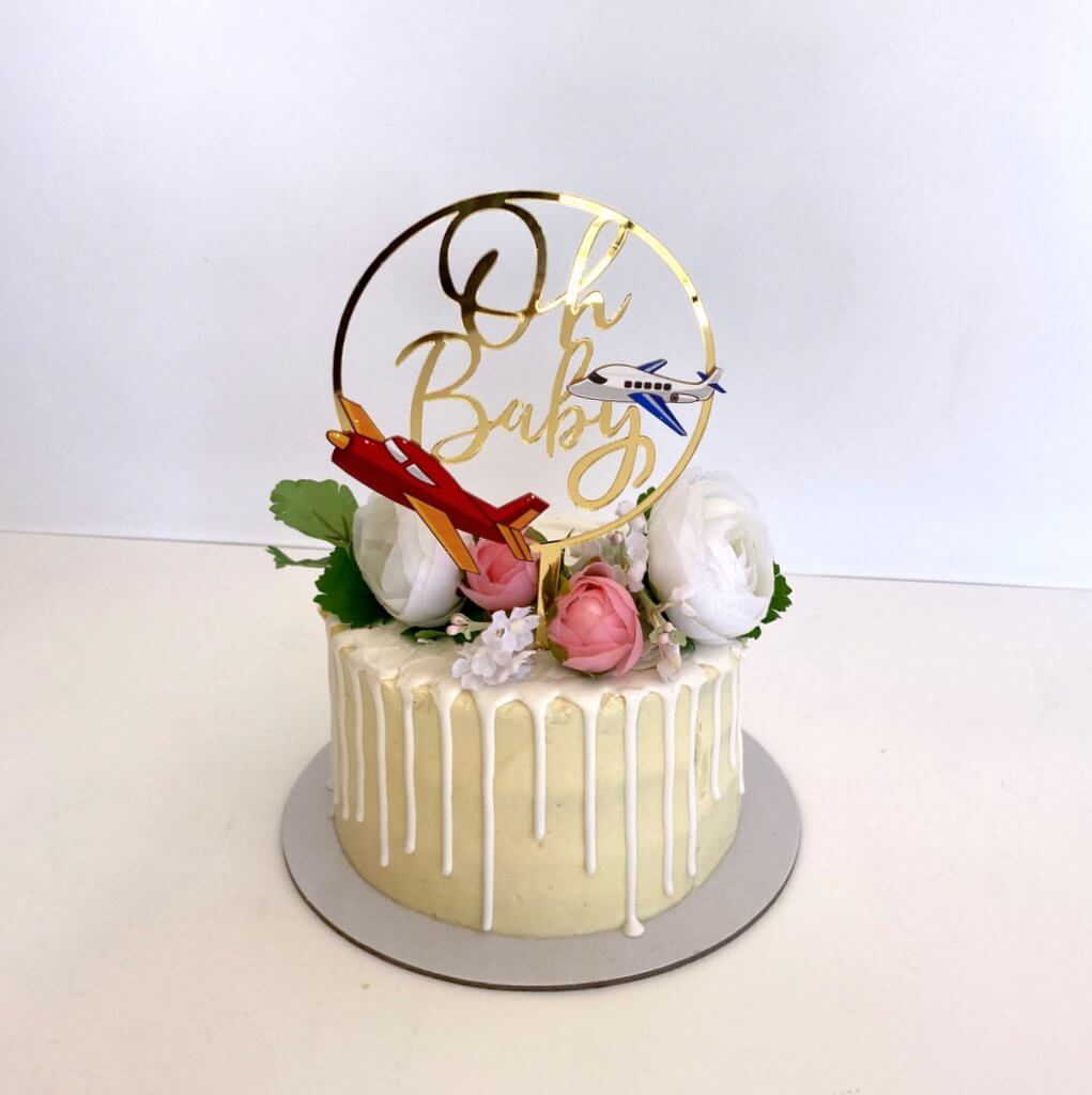 Gold Mirror Acrylic Oh Baby Airplane Loop Cake Topper