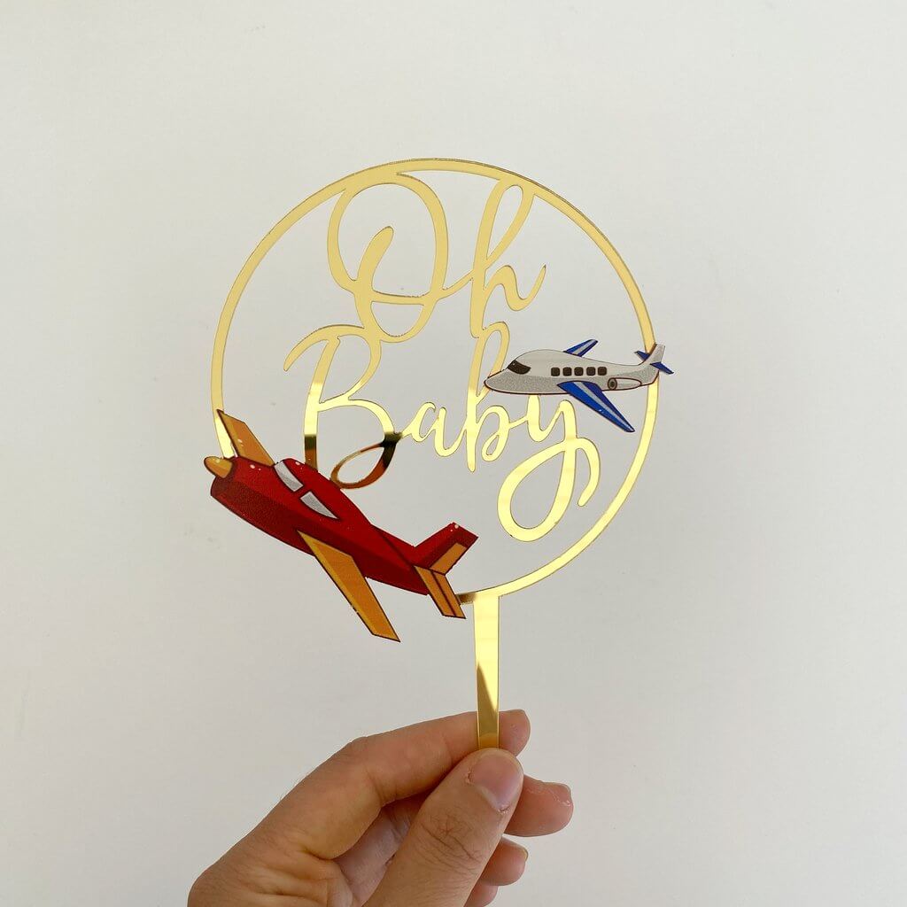 Gold Mirror Acrylic Oh Baby Airplane Loop Cake Topper