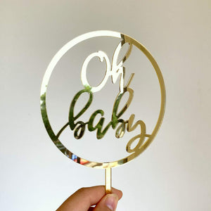 Gold Mirror Acrylic Oh Baby Loop Baby Shower Gender Reveal Cake Topper