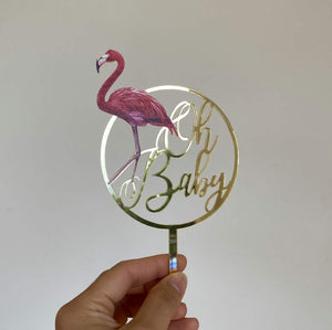 Gold Mirror Acrylic Oh Baby Flamingo Loop Baby Shower Cake Topper