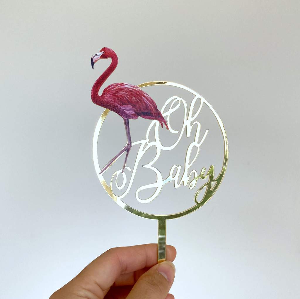 Gold Mirror Acrylic Oh Baby Flamingo Loop Baby Shower Cake Topper
