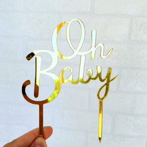 Gold Mirror Acrylic 'Oh Baby' Script Baby Shower Cake Topper - Online Party Supplies