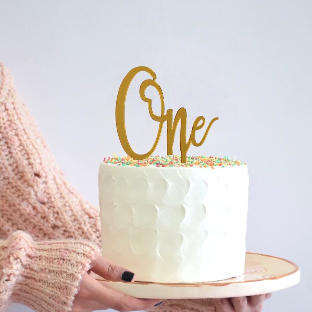 Gold Mirror Acrylic 'One' Birthday Cake Topper - Online Party Supplies