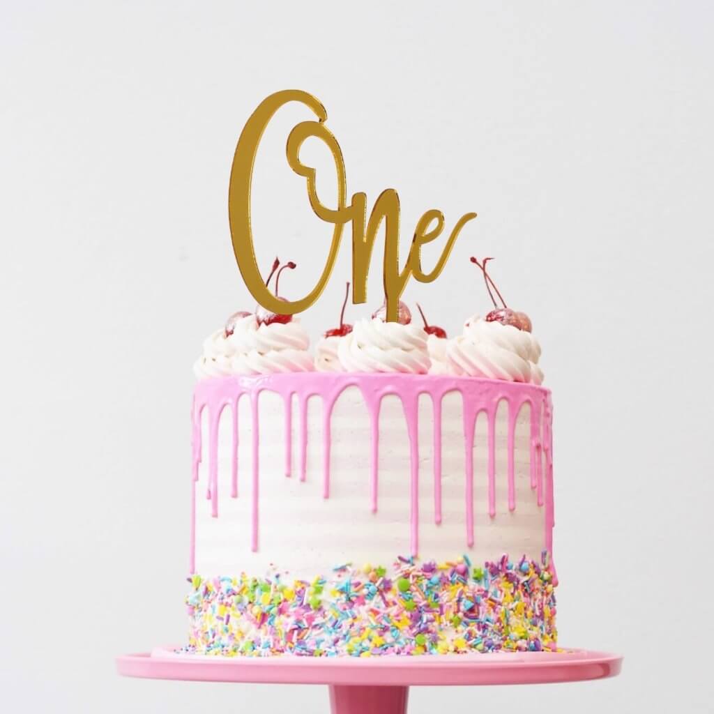 Gold Mirror Acrylic 'One' Birthday Cake Topper - Online Party Supplies