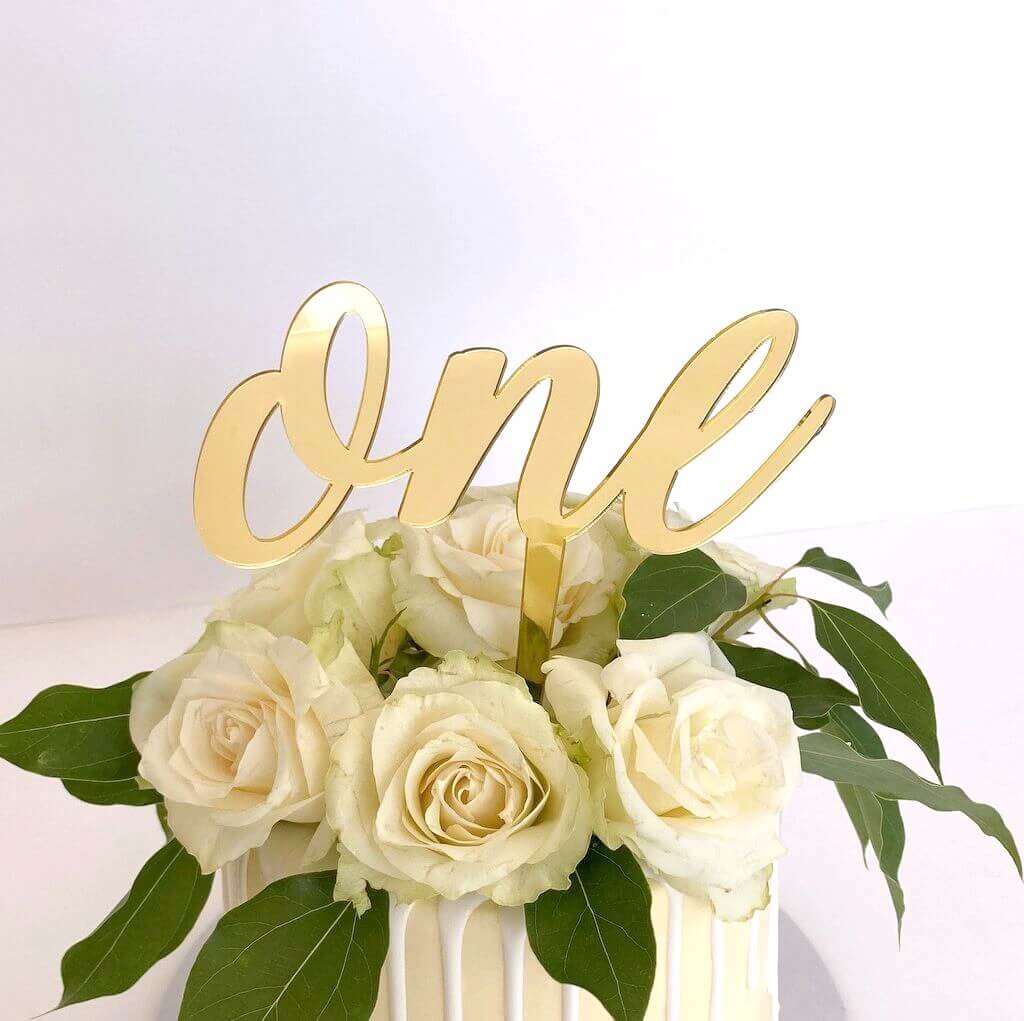 Gold Mirror Acrylic One Script Happy 1st Birthday Cake Topper