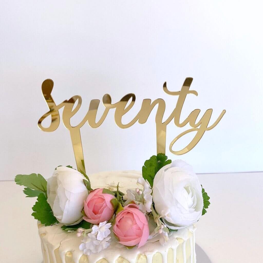 Gold Mirror Acrylic 'Seventy' milestone birthday Cake Topper 