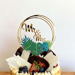 Acrylic Gold Mirror Mr and Mrs Tropical Leaf Loop Cake Topper