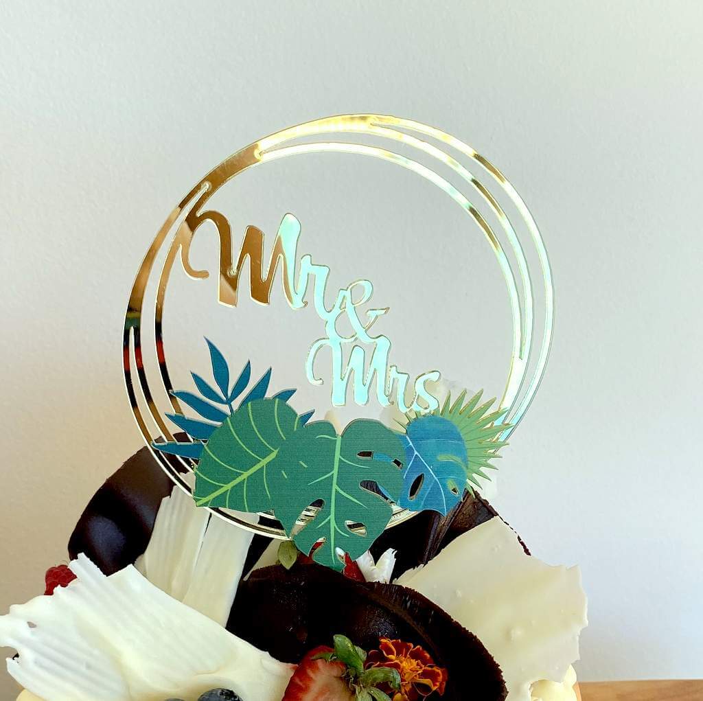 Acrylic Gold Mirror Mr and Mrs Tropical Leaf Loop Cake Topper