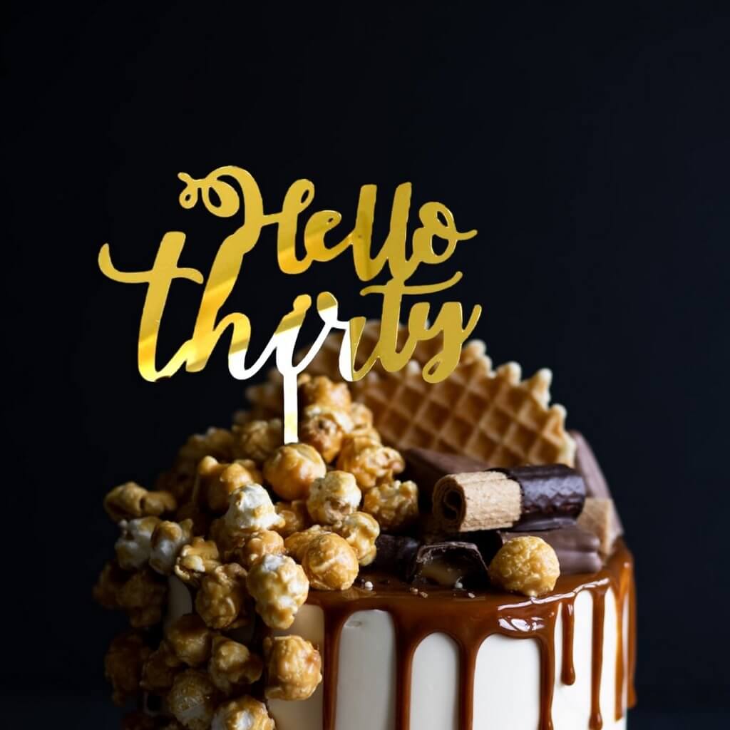 Acrylic Gold Mirror 'Hello Thirty' Cake Topper - 30th Birthday Party Cake Decorations