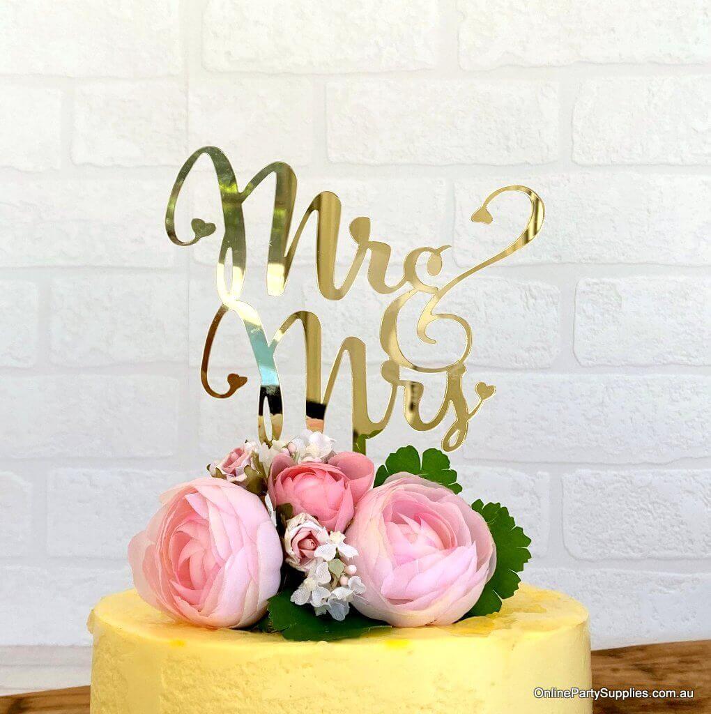 Acrylic Gold Mirror 'Mr and Mrs' Wedding Engagement Bridal Shower Cake Topper Online Party Supplies Australia