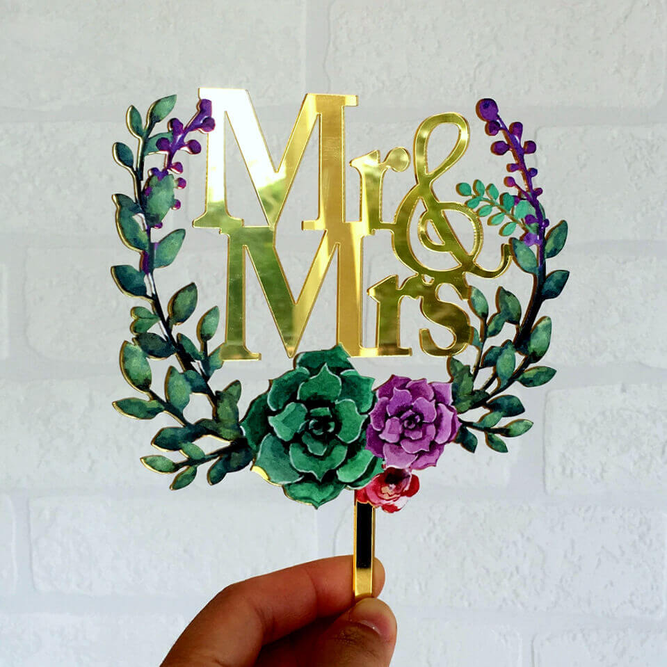 Gold Mirror Acrylic 'Mr & Mrs' Floral Wreath Cake Topper for wedding, bachelorette party, hens party, bridal shower, engagement