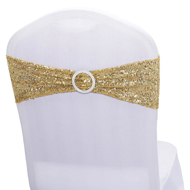 Reusable stretch sequin gold chair sash for weddings, birthdays, and showers