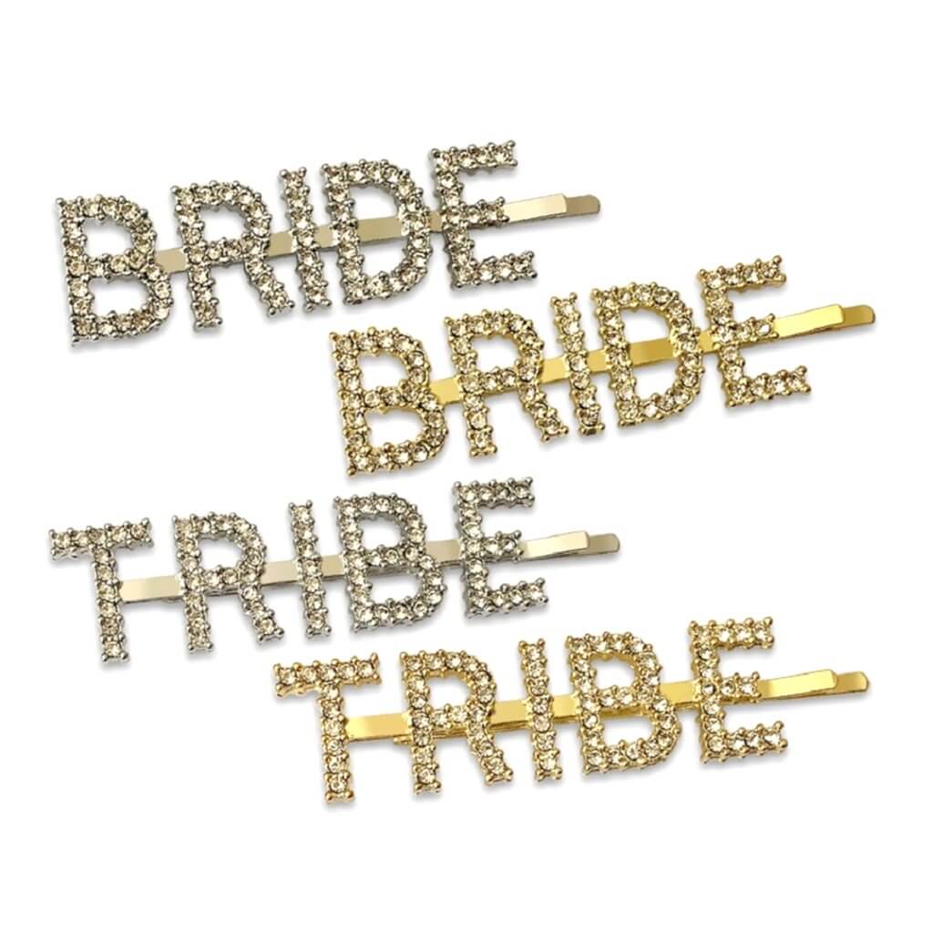 Gold or Silver Metal Rhinestone BRIDE or TRIBE Barrette Hair Clips