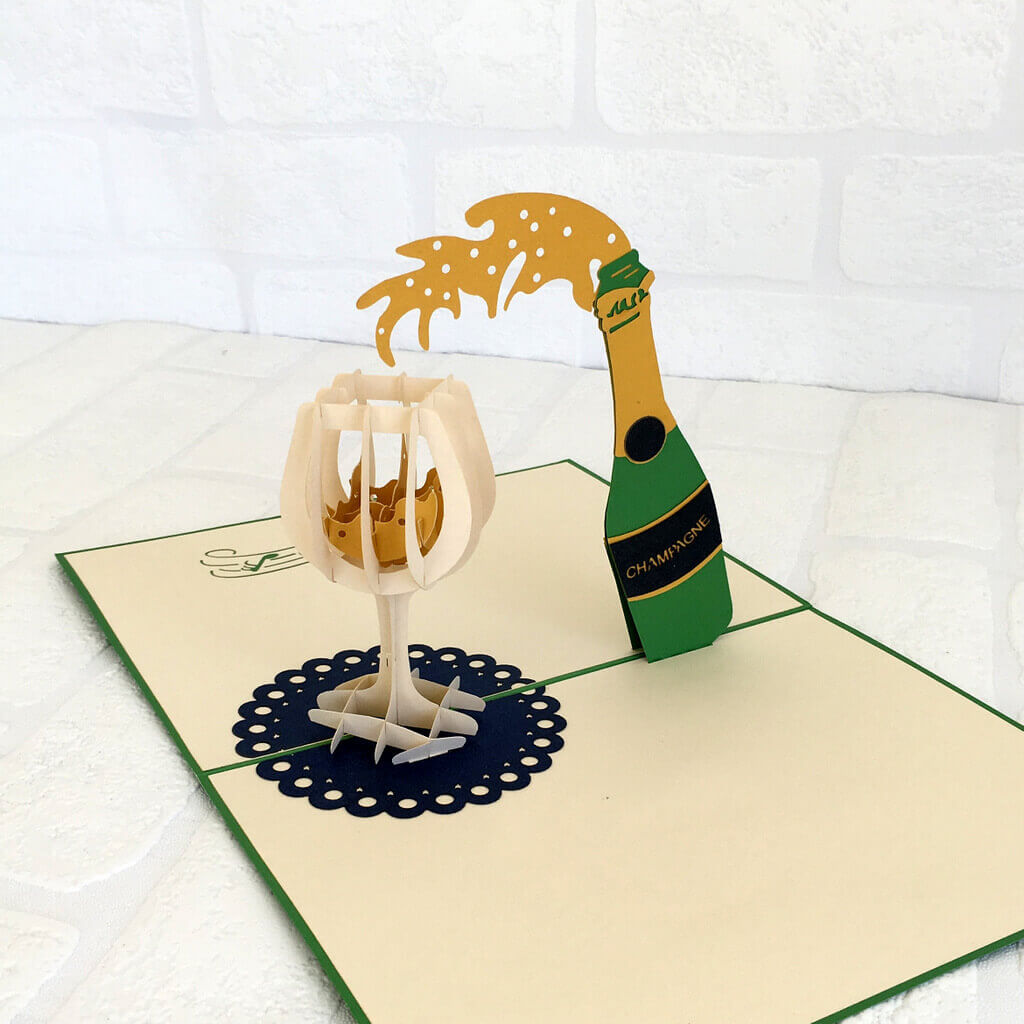 Handmade Champagne Bottle and Glass 3D Pop Up Card - Online Party Supplies
