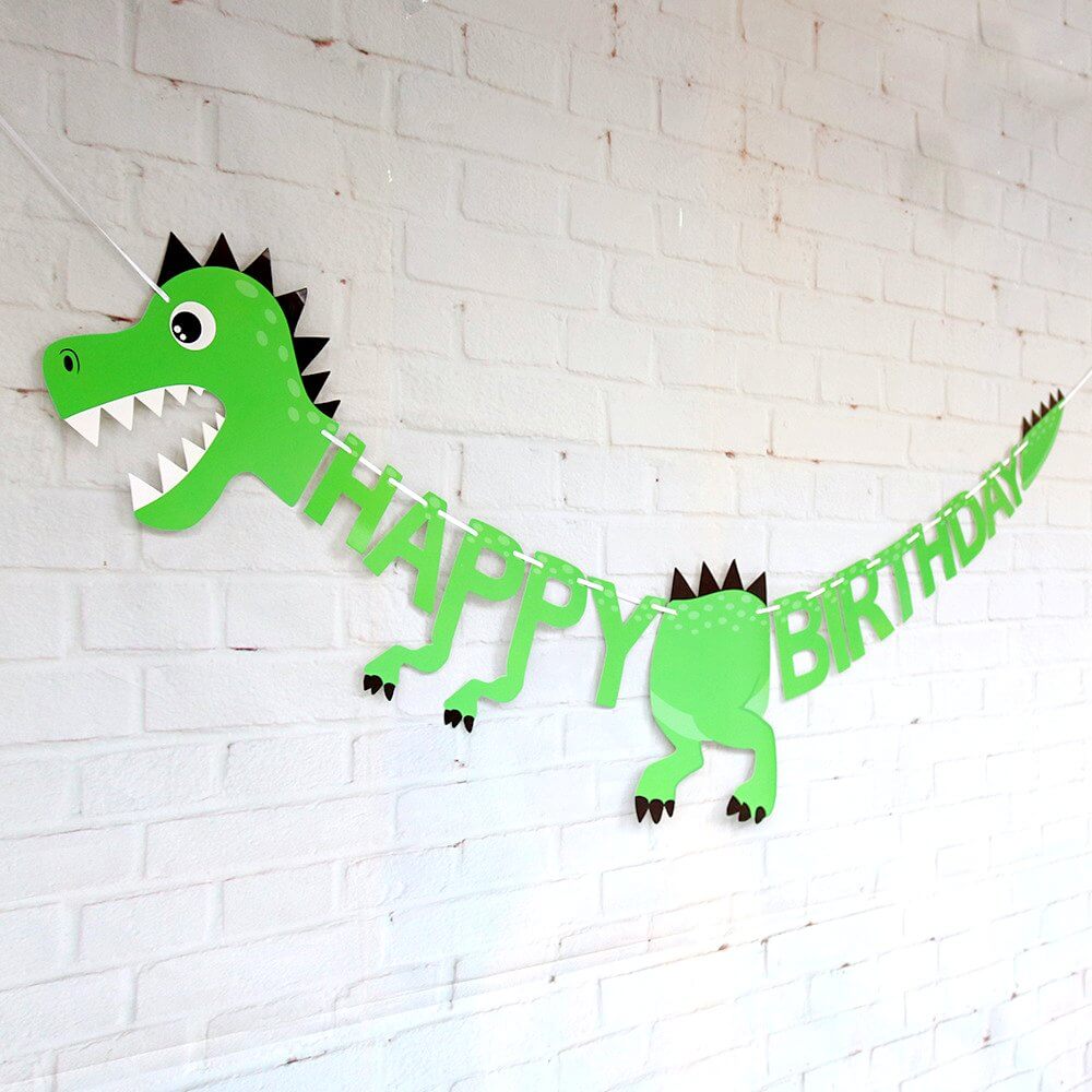 Green Happy Birthday Dinosaur Bones Hanging Paper Banner - Jurassic Dinosaur Themed Birthday Party Decorations & Supplies