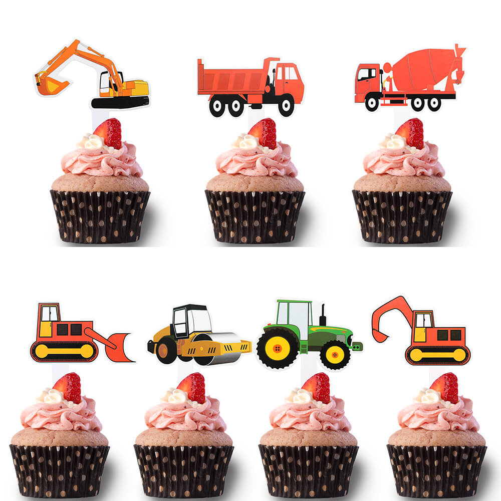 Orange Yellow Construction Vehicle Paper Cupcake Topper 7 Pack