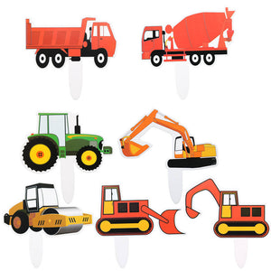 Orange Yellow Construction Vehicle Paper Cupcake Topper 7 Pack