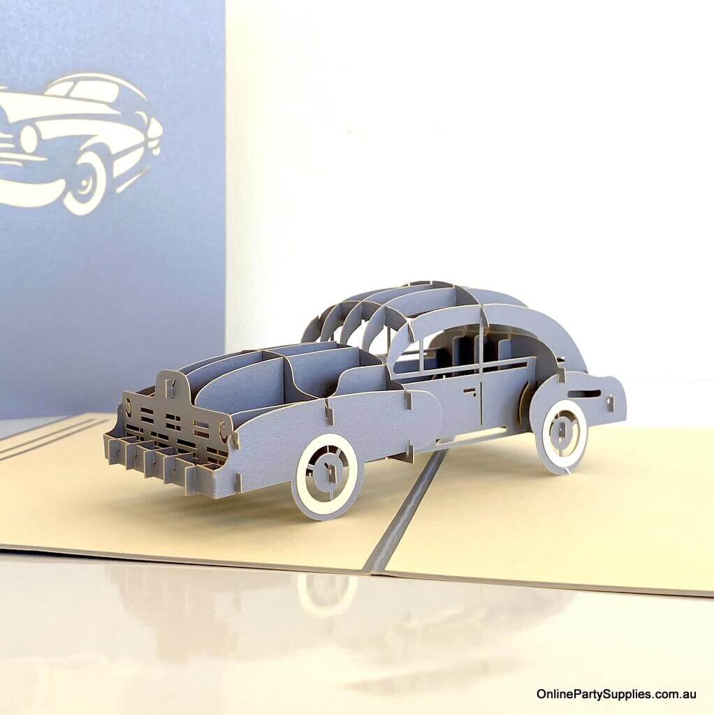 Handmade Grey Vintage Car 3D Pop Up Greeting Card - Pop Up Transportation Card