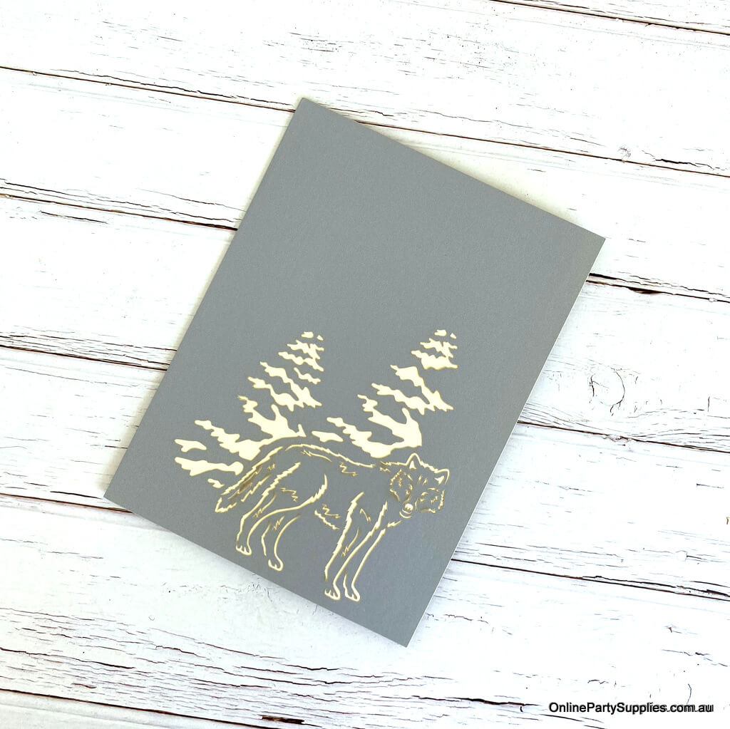 Online Party Supplies Australia Handmade Grey Wild Wolf Pop Up Greeting Card