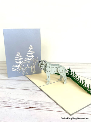 Online Party Supplies Australia Handmade Grey Wild Wolf Pop Up Greeting Card