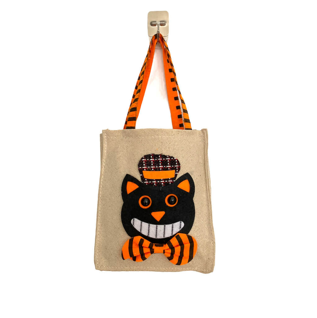 Halloween Trick or Treat Grinning Black Cat Hessian Tote Bag