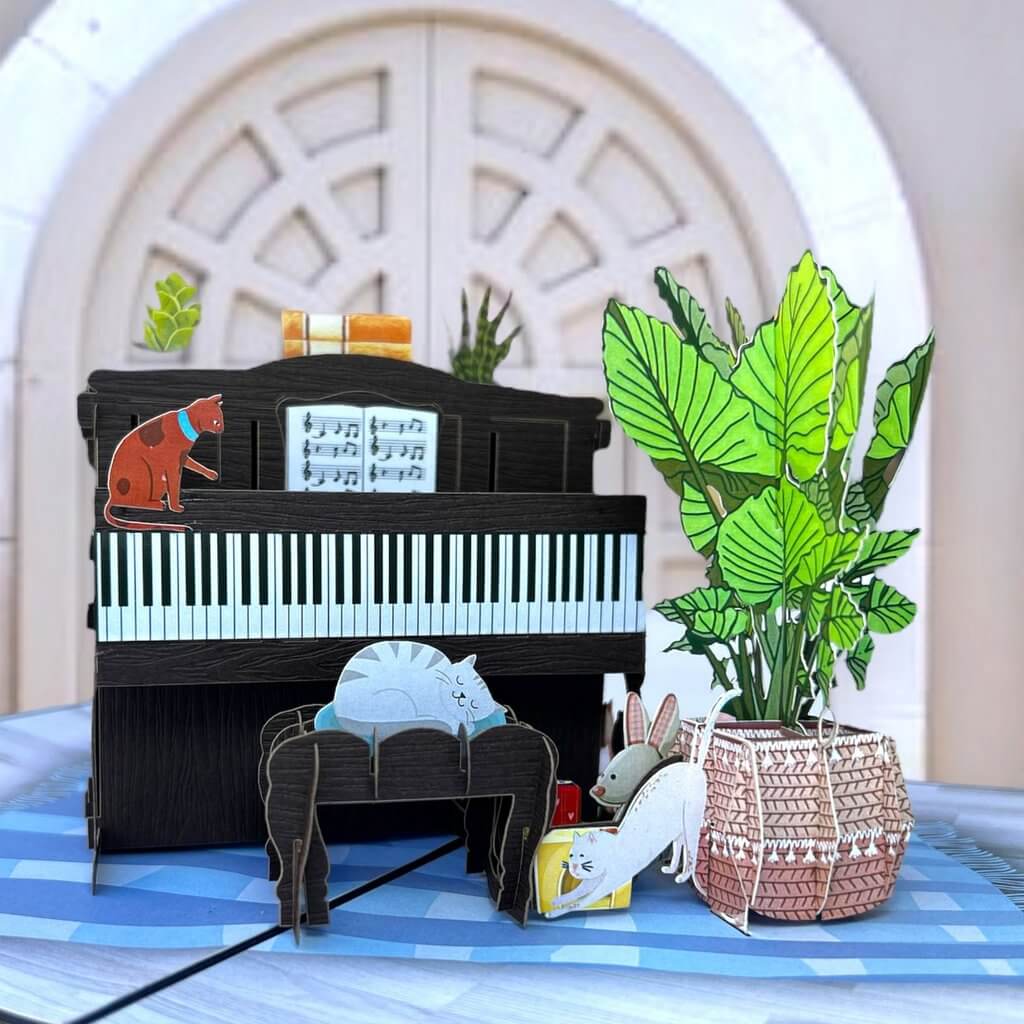 Sleepy Musical Cats On Piano 3d Origami Pop Up Greeting Card