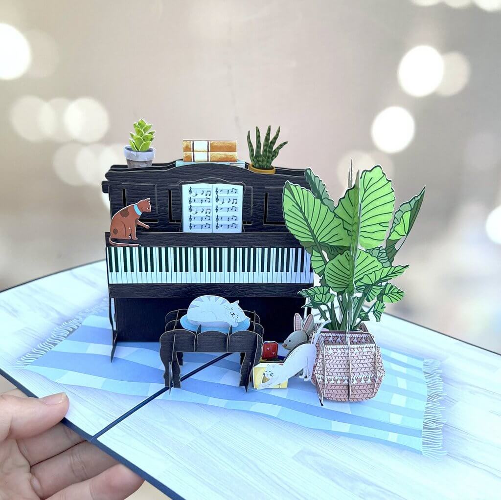 Sleepy Musical Cats On Piano 3d Origami Pop Up Greeting Card