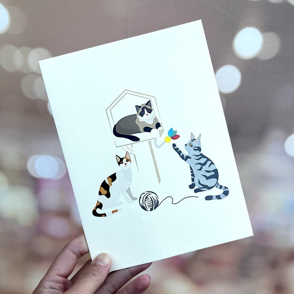 Handmade Wooden Cat Tree 3D Pop Up Greeting Card