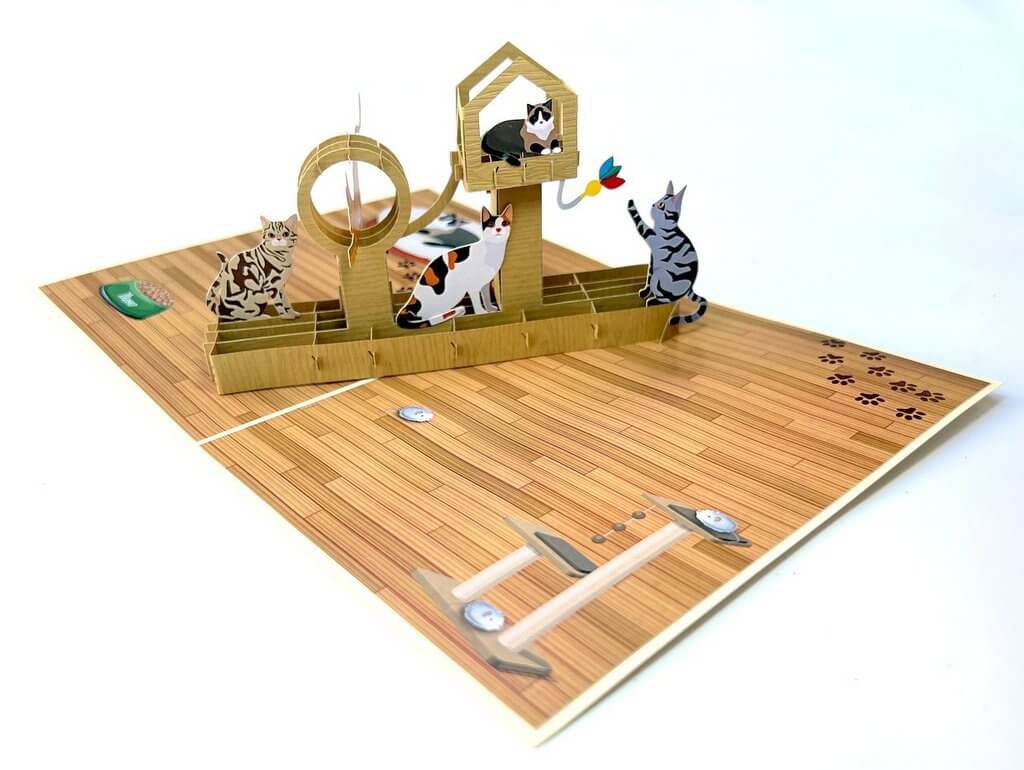 Handmade Wooden Cat Tree 3D Pop Up Greeting Card