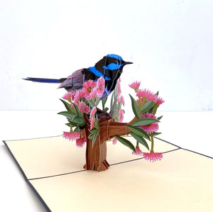 Handmade Australian Native Superb Blue Fairy Wren 3D Pop Up Greeting Card - Australian Native Bird Pop Up Cards - Cards for Bird Lovers
