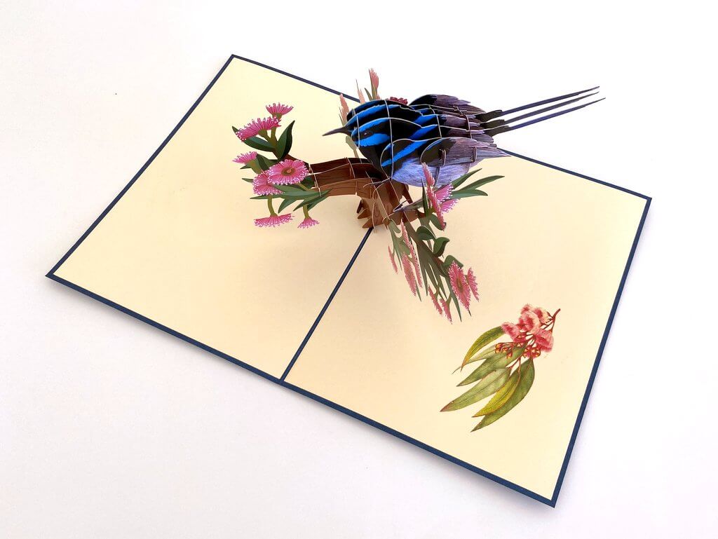 Handmade Australian Native Superb Blue Fairy Wren 3D Pop Up Greeting Card - Australian Native Bird Pop Up Cards - Cards for Bird Lovers