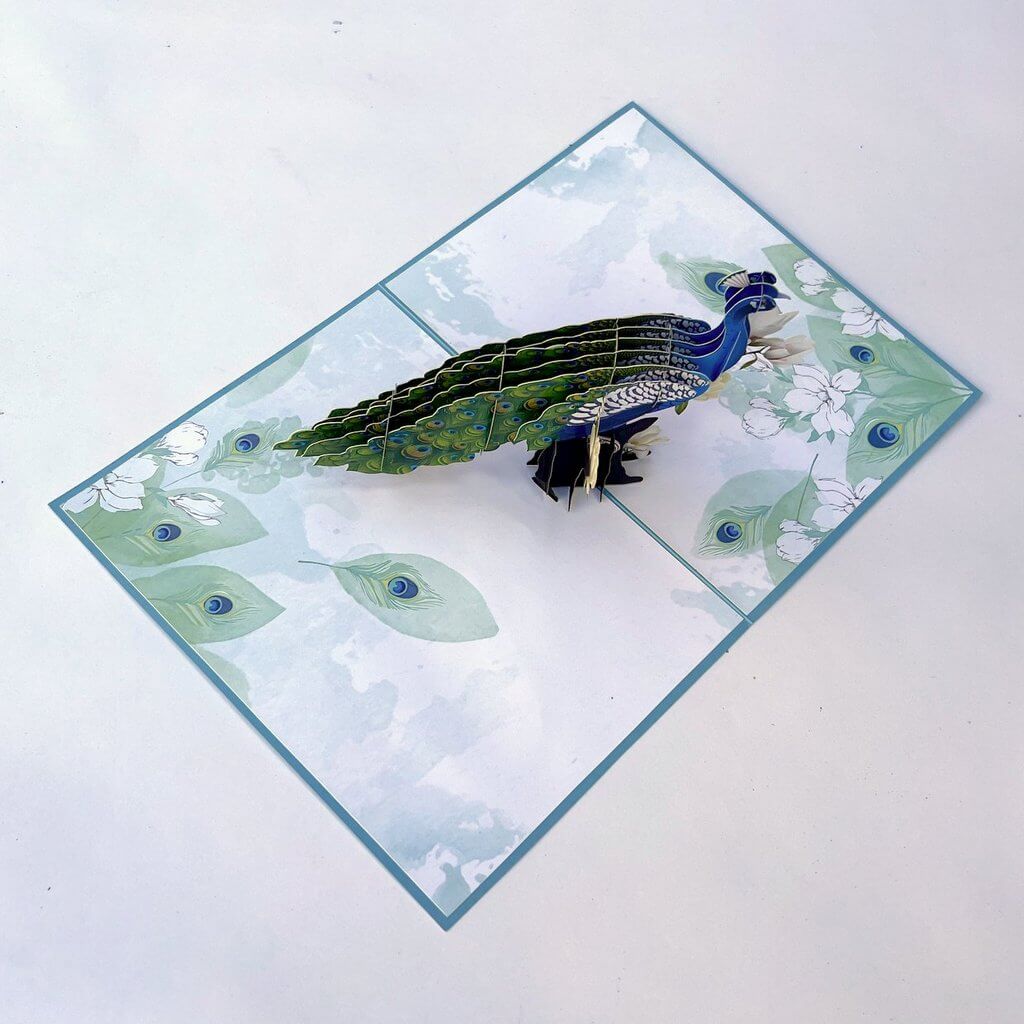 Asian Oriental Blue Green Peacock with White Magnolia Flowers 3D Pop Card