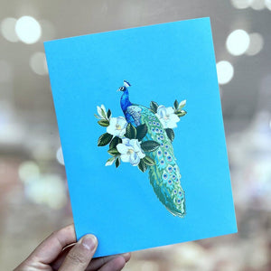 Asian Oriental Blue Green Peacock with White Magnolia Flowers 3D Pop Card