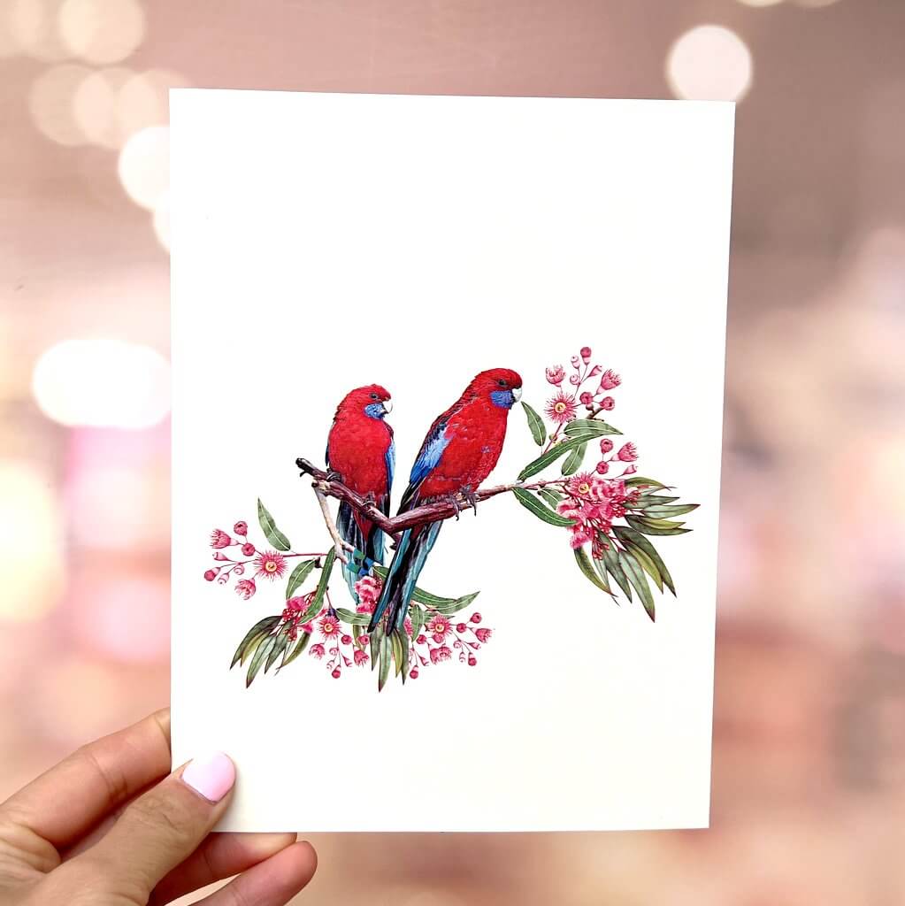 Handmade Australian Crimson Rosella Parrot Couple 3D Pop Up Card