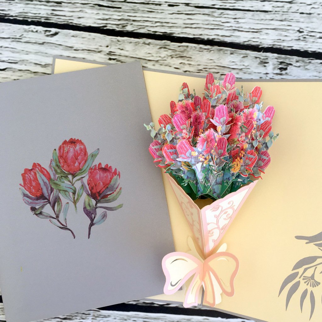 Handmade Australian Native Flower Banksia Bouquet Pop Up Greeting Card - Online Party Supplies