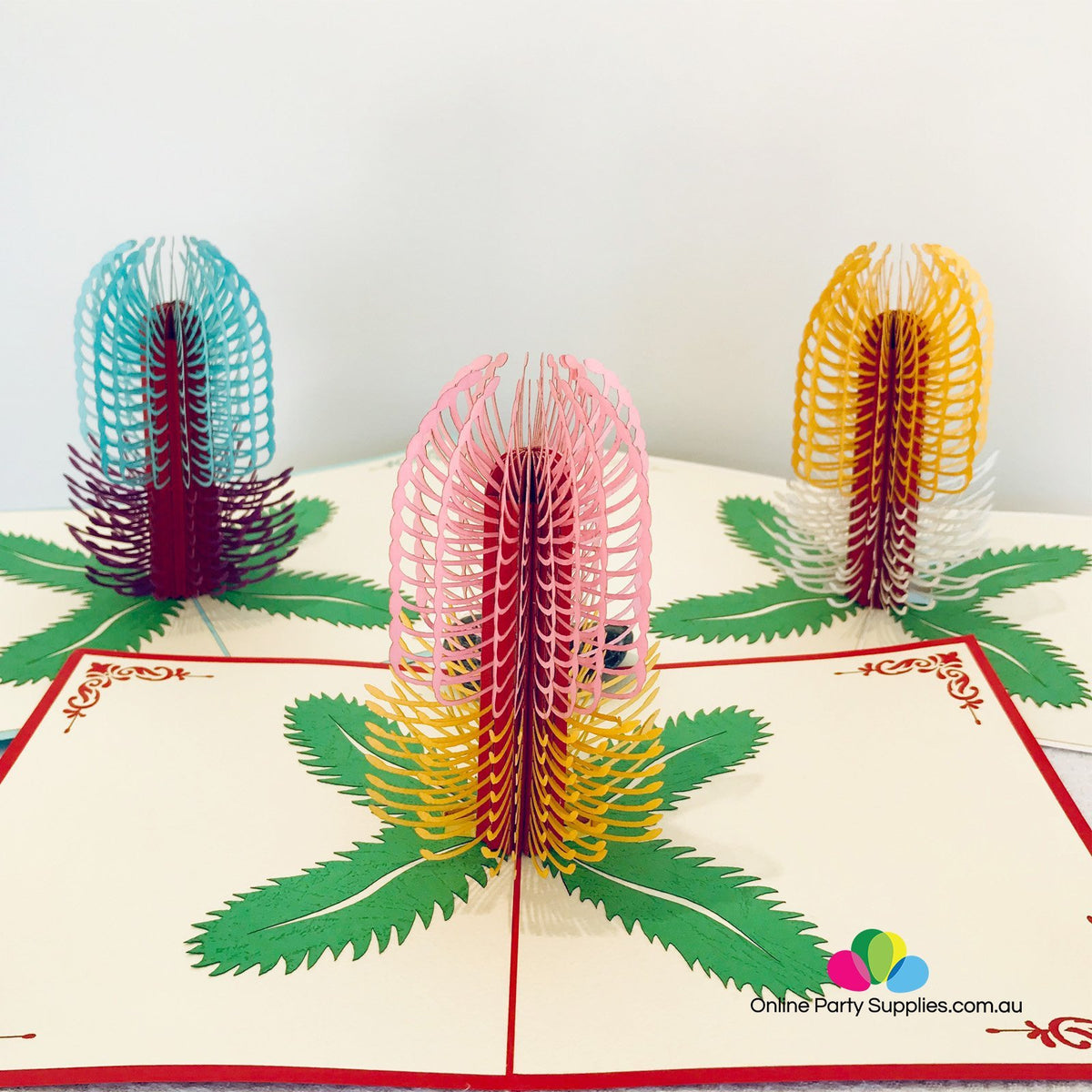 Handmade Australian Native Flower Blue Purple Banksia Pop Up Greeting Card - Online Party Supplies