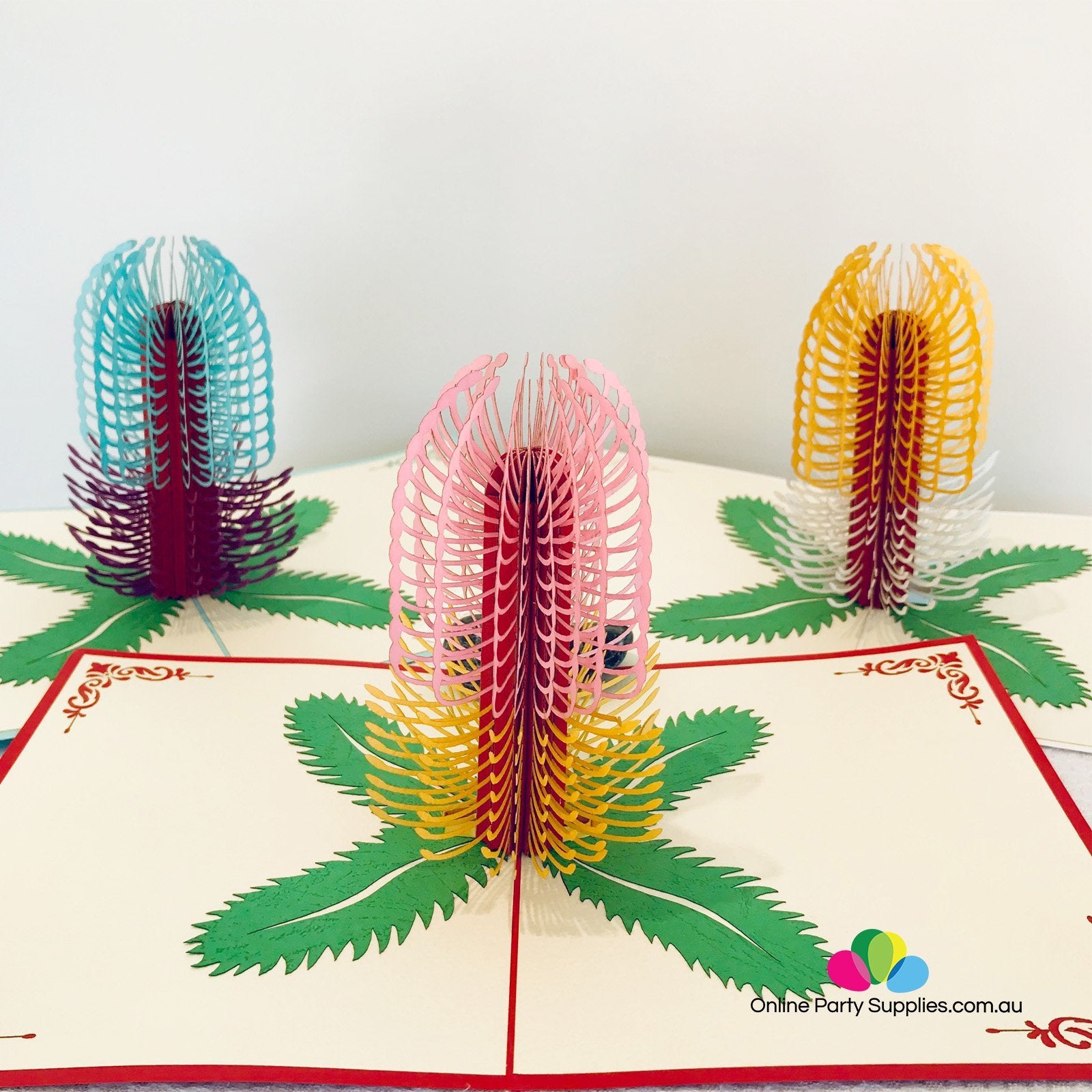 Handmade Australian Native Flower Blue Purple Banksia Pop Up Greeting Card - Online Party Supplies