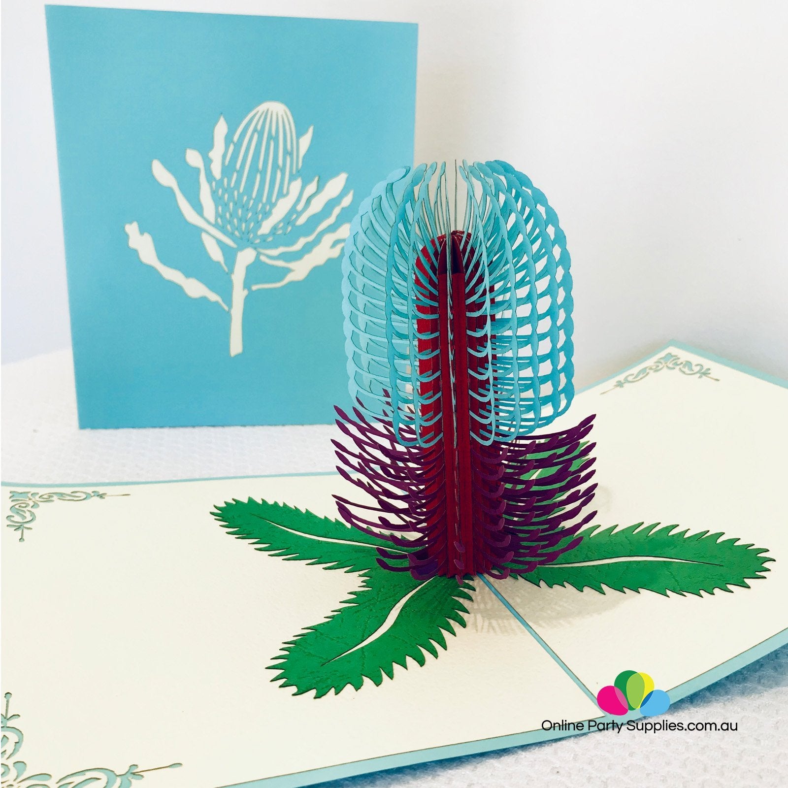 Handmade Australian Native Flower Blue Purple Banksia Pop Up Greeting Card - Online Party Supplies