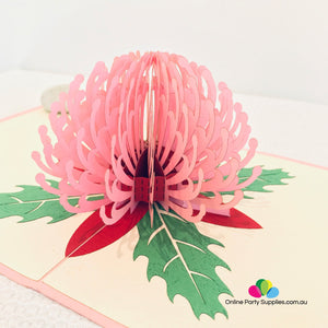 Handmade Australian Native Flower Pink Waratah Pop Up Greeting Card - Online Party Supplies