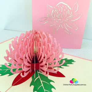 Handmade Australian Native Flower Pink Waratah Pop Up Greeting Card - Online Party Supplies