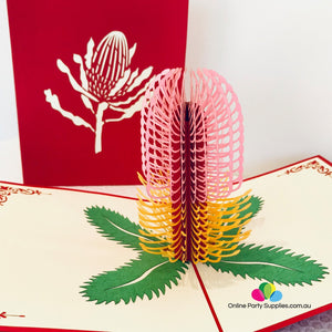 Handmade Australian Native Flower Pink Yellow Banksia Pop Up Greeting Card - Online Party Supplies