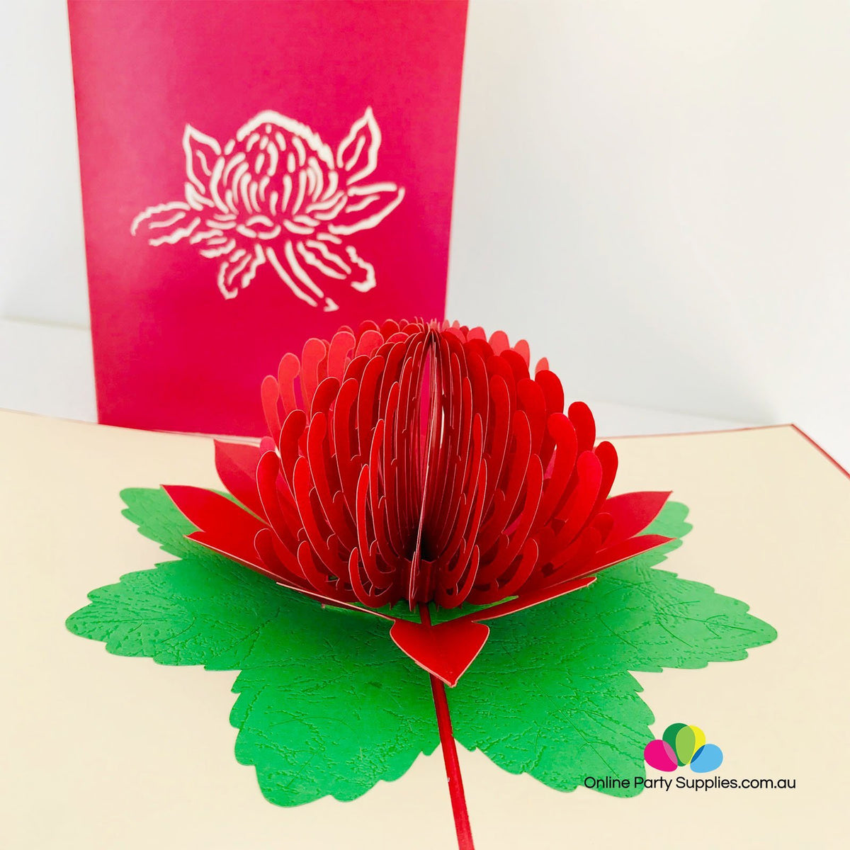 Handmade Australian Native Flower Red Waratah Pop Up Greeting Card - Online Party Supplies