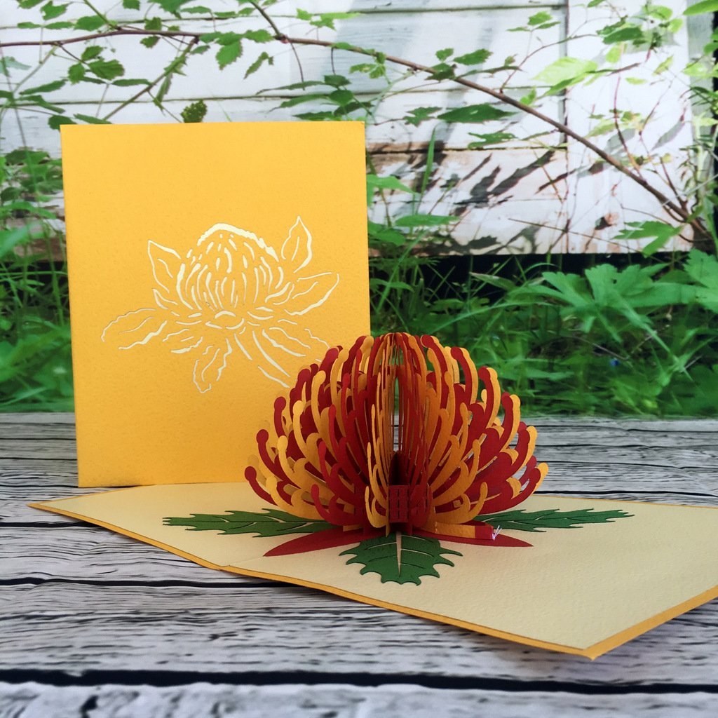 Handmade Australian Native Flower Red Yellow Waratah Pop Up Greeting Card - Online Party Supplies