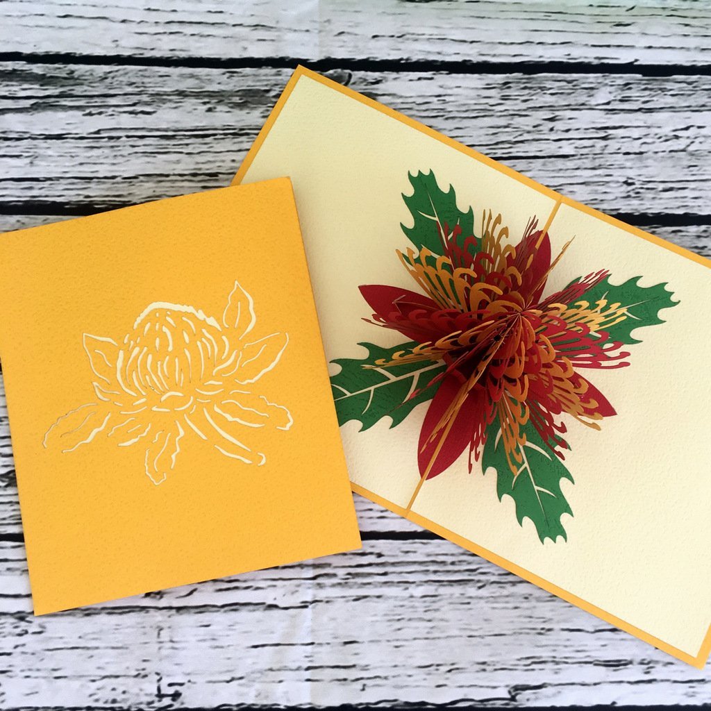 Handmade Australian Native Flower Red Yellow Waratah Pop Up Greeting Card - Online Party Supplies